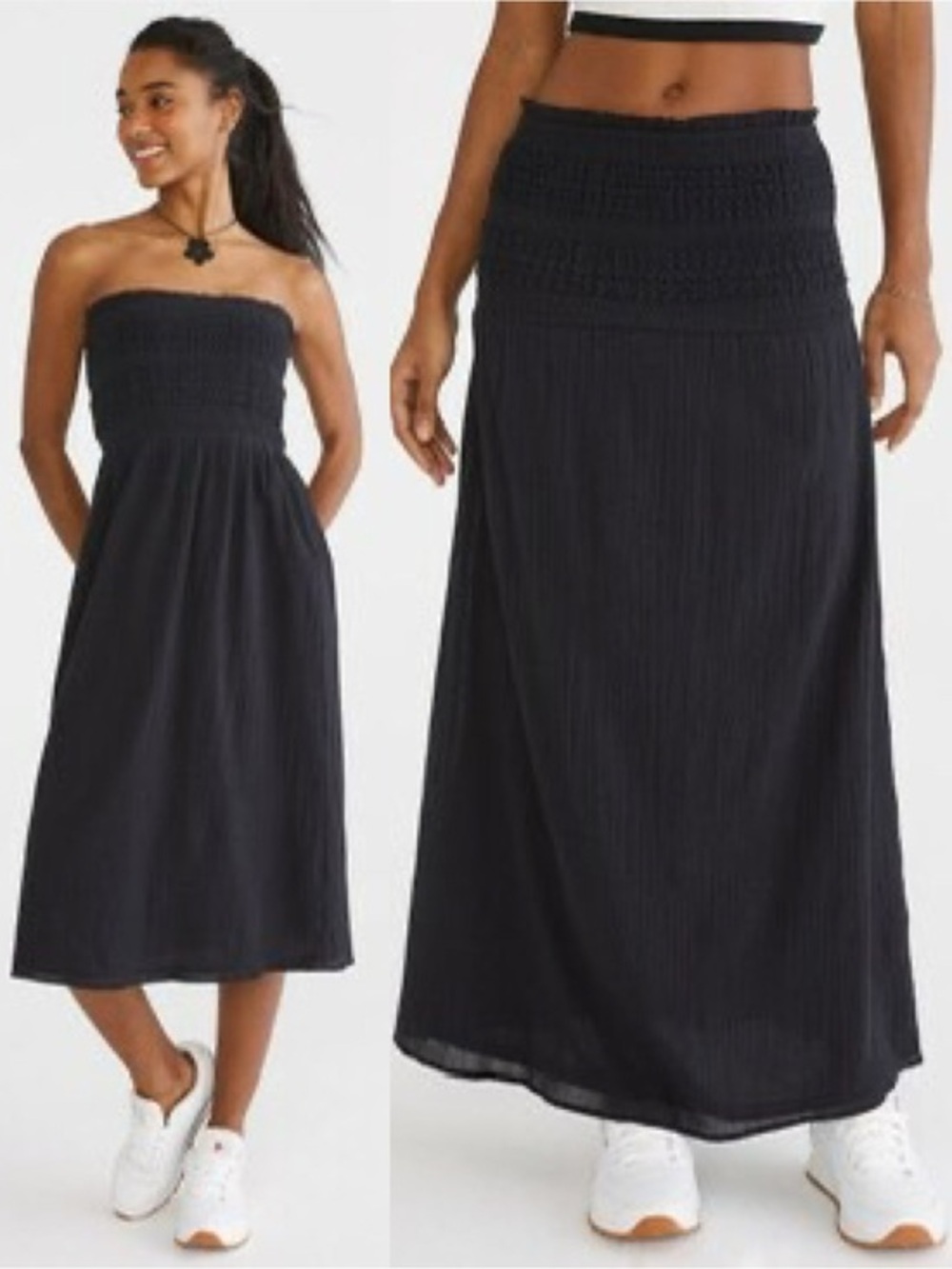 Aeropostale Convertible Strapless Midi Dress Maxi Skirt Black Smocked Boho Small